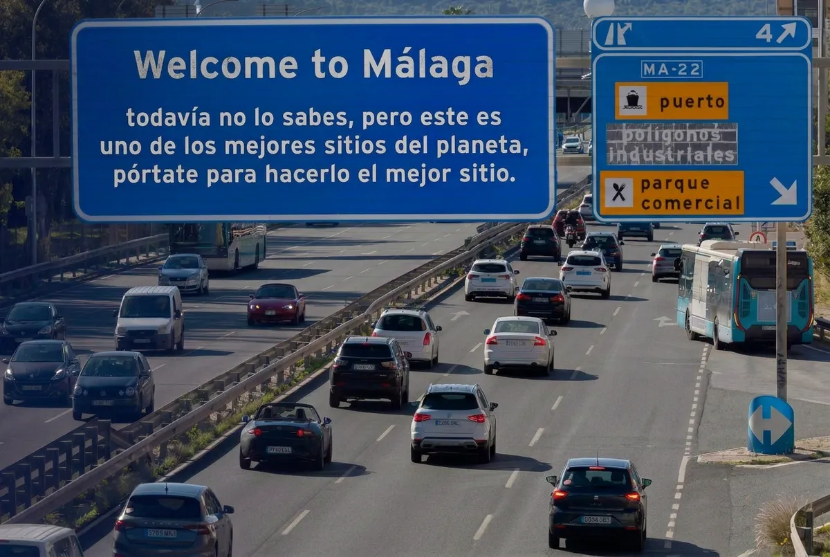 A large blue Spanish motorway destination sign showing "Welcome to Málaga, todavía no lo sabes, pero este es uno de los mejores sitios del planeta. Pórtate para hacerlo el mejor sitio." in white lettering, viewed over a busy highway with traffic approaching.