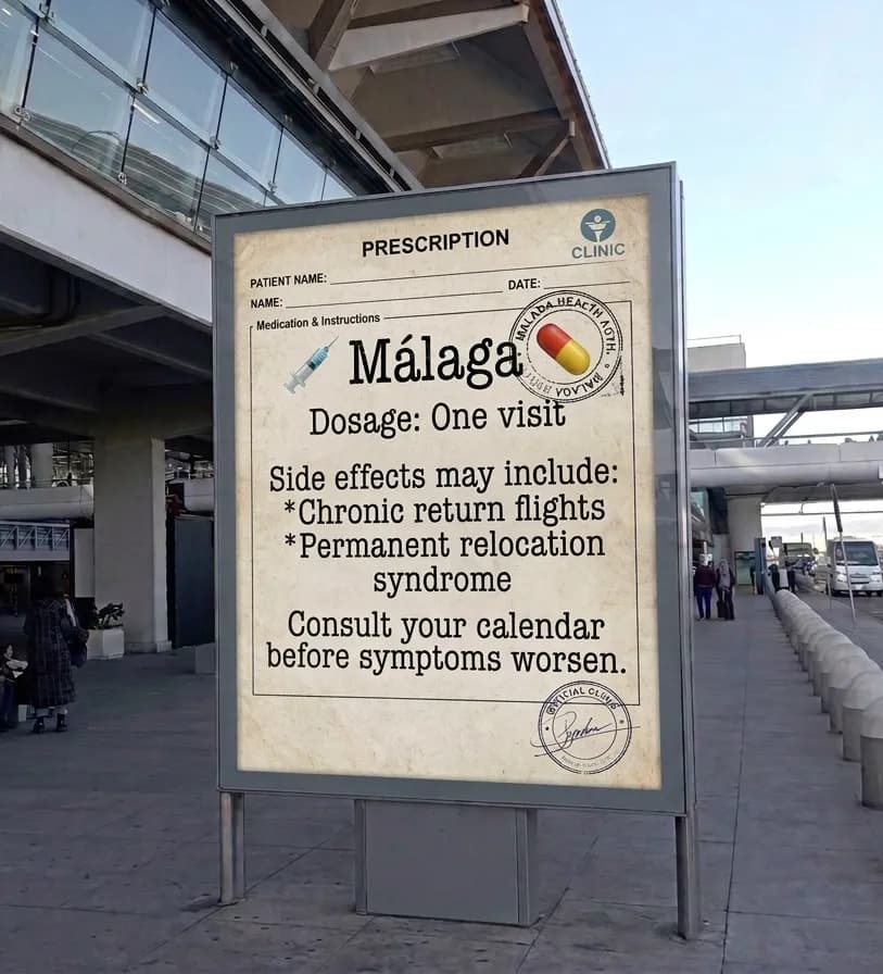 A mock medical prescription on an advertising panel at Málaga Airport arrivals. It reads: Málaga, dosage one visit, side effects may include chronic return flights and permanent relocation syndrome, consult your calendar before symptoms worsen.