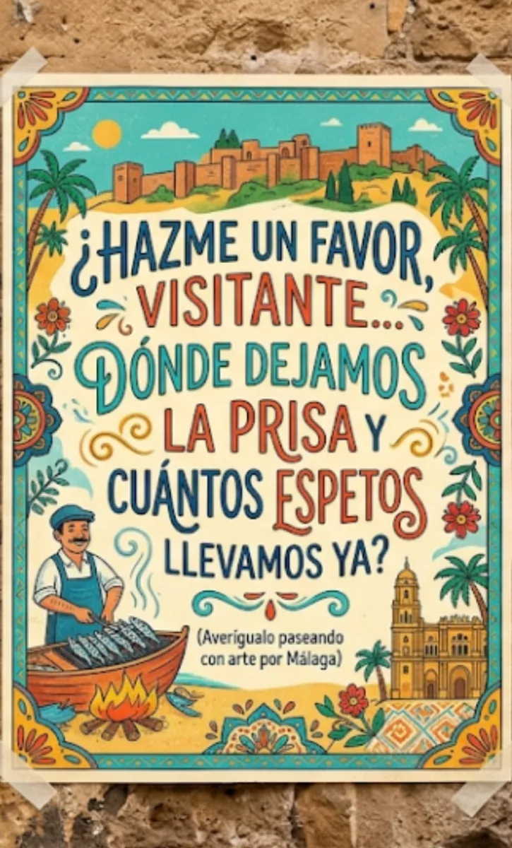 Un cartel ilustrado en Málaga: "¿Hazme un favor, visitante… dónde dejamos la prisa y cuántos espetos llevamos ya?".