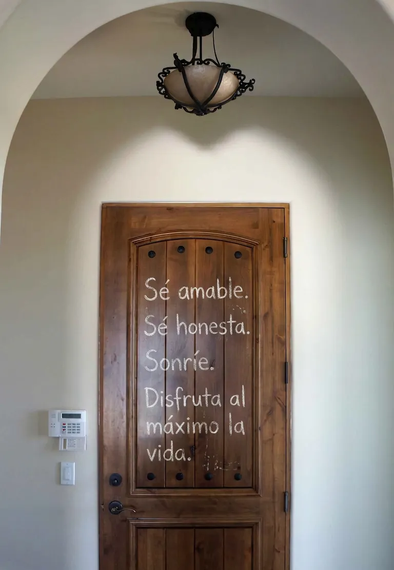 A sign for a front door reading "Be kind, be honest, smile, enjoy life to the fullest."