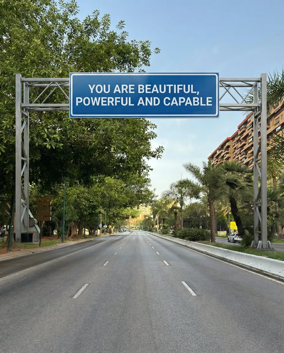 A sign on Avenida de Andalucía reading "YOU ARE BEAUTIFUL, POWERFUL AND CAPABLE" in English.